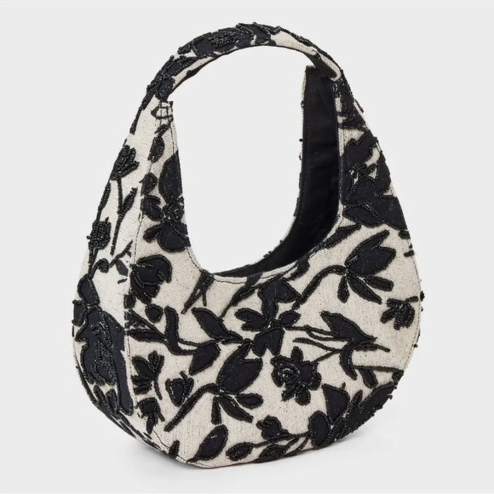 a new day Black Ivory Floral Toille Hobo Bag with Modern Beaded Design::NWT::